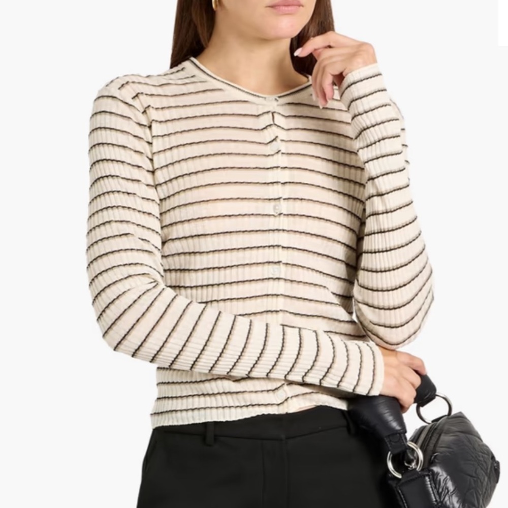 Theory Cream Ribbed Striped Button Cardigan with Black Stripes
